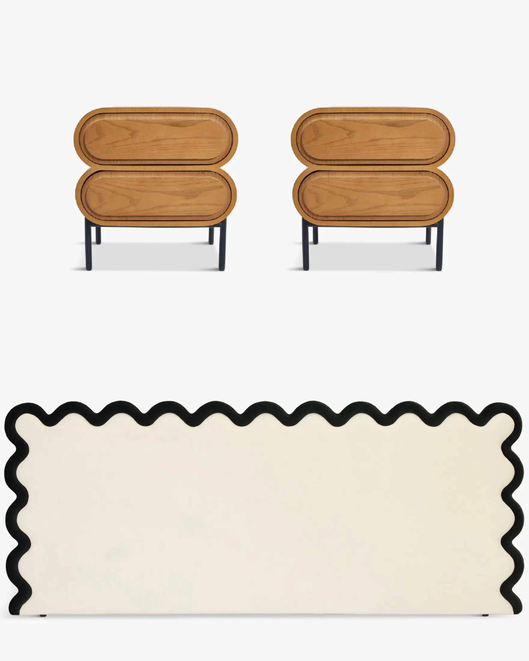 Ensemble 2 tables de chevet + tête de lit, Ecru peluche Monaco + Aria