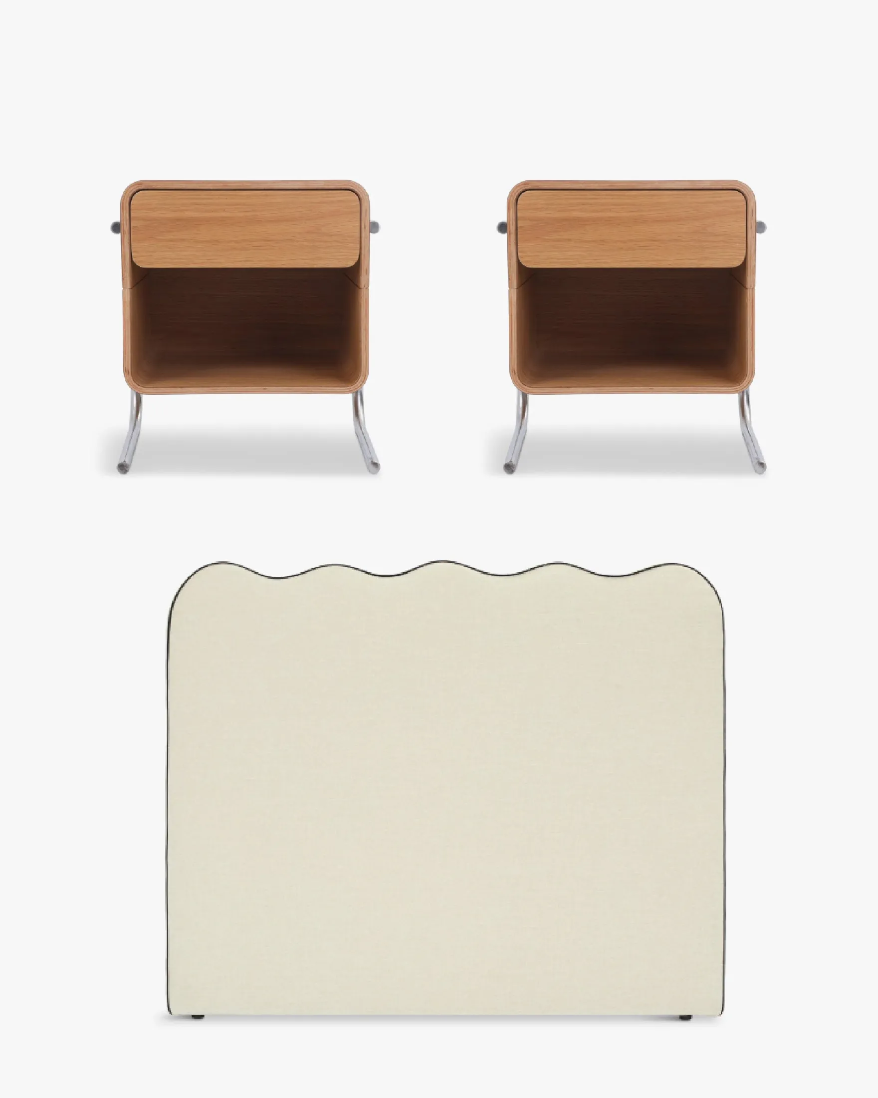 Ensemble 2 tables de chevet + tête de lit, Beige chenille Andria + Atlante