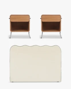 Ensemble 2 tables de chevet + tête de lit, Beige chenille Andria + Atlante