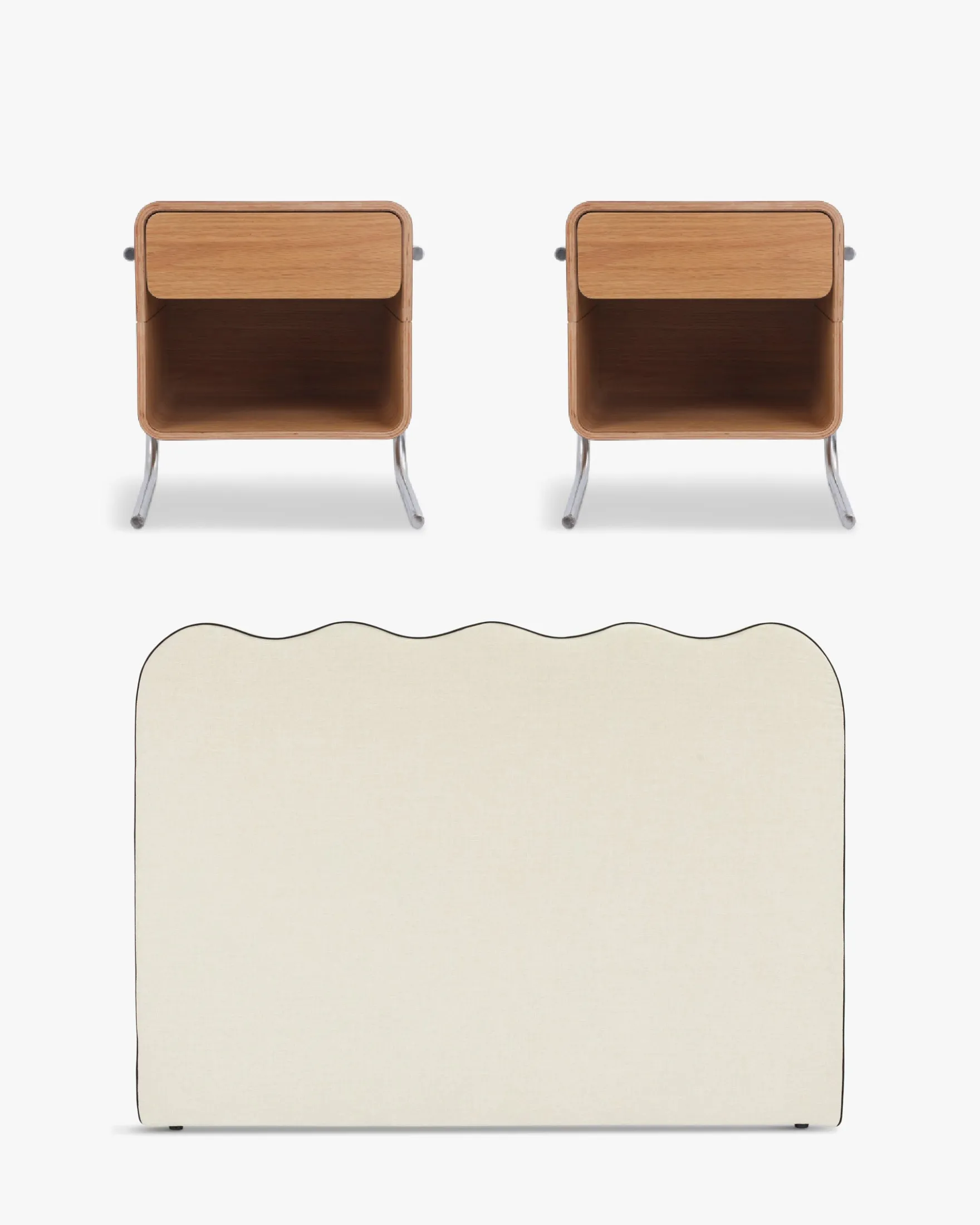 Ensemble 2 tables de chevet + tête de lit, Beige chenille Andria + Atlante