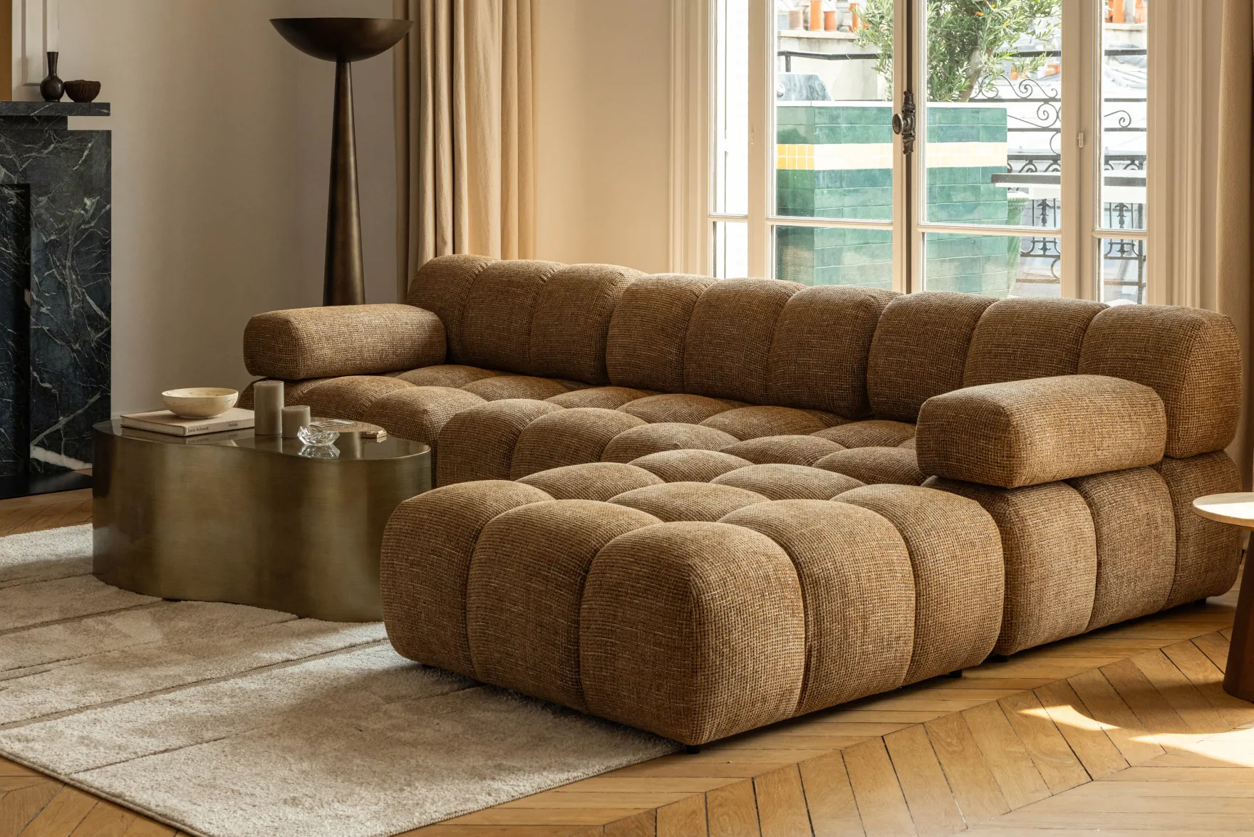 Fauteuil modulable accoudoir interchangeable, Tweed marron caramel Waffle