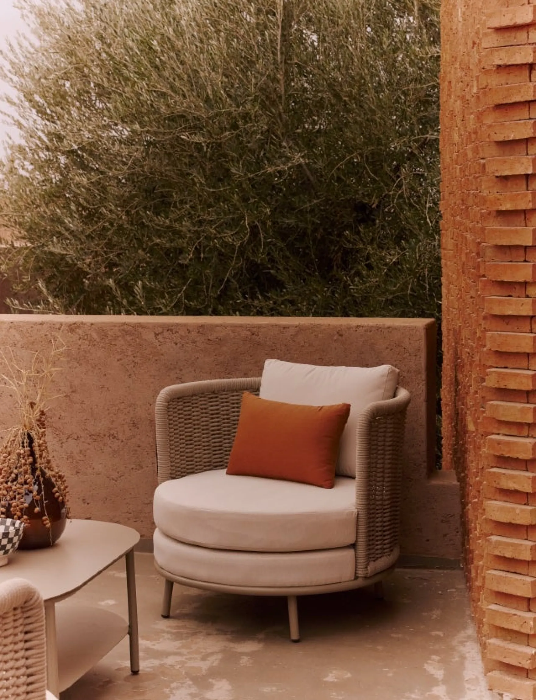 Fauteuil outdoor, Blanc/terracotta waterproof & métal taupe Florentino