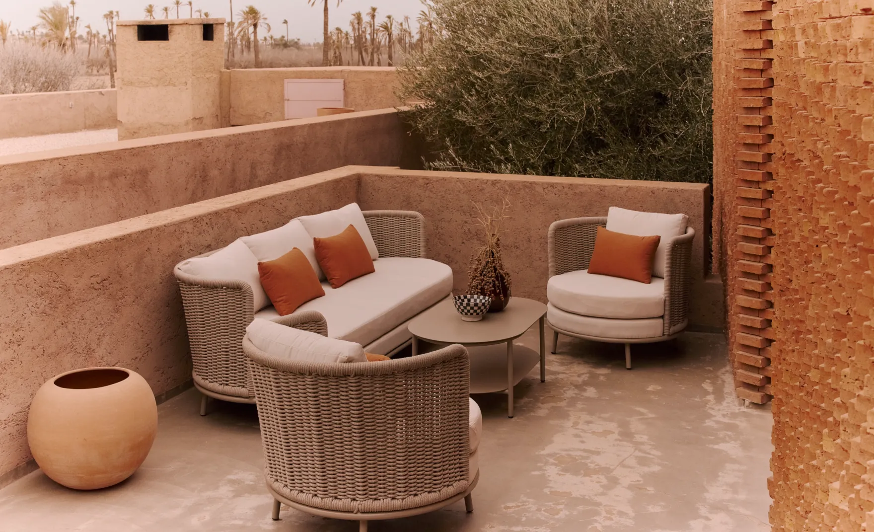 Fauteuil outdoor, Blanc/terracotta waterproof & métal taupe Florentino