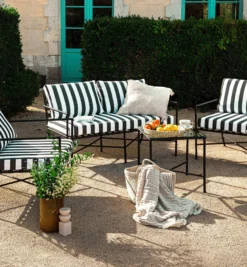 Fauteuil outdoor, Tissu waterproof noir-blanc & métal noir Bel Air