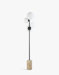 Lampadaire, Sphères blanches, travertin & métal noir, H158 Skull