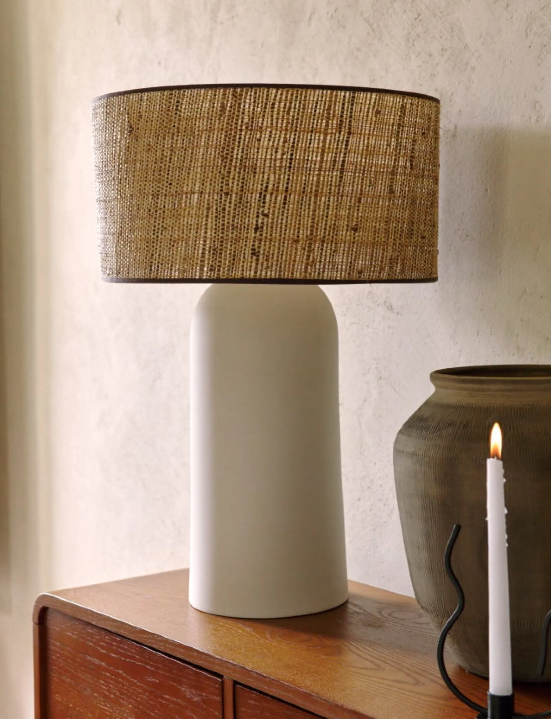 Lampe de table, Abat-jour fibre naturelle & céramique blanche, H72 Agape
