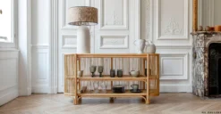 Lampe de table, Abat-jour fibre naturelle & céramique blanche, H72 Agape