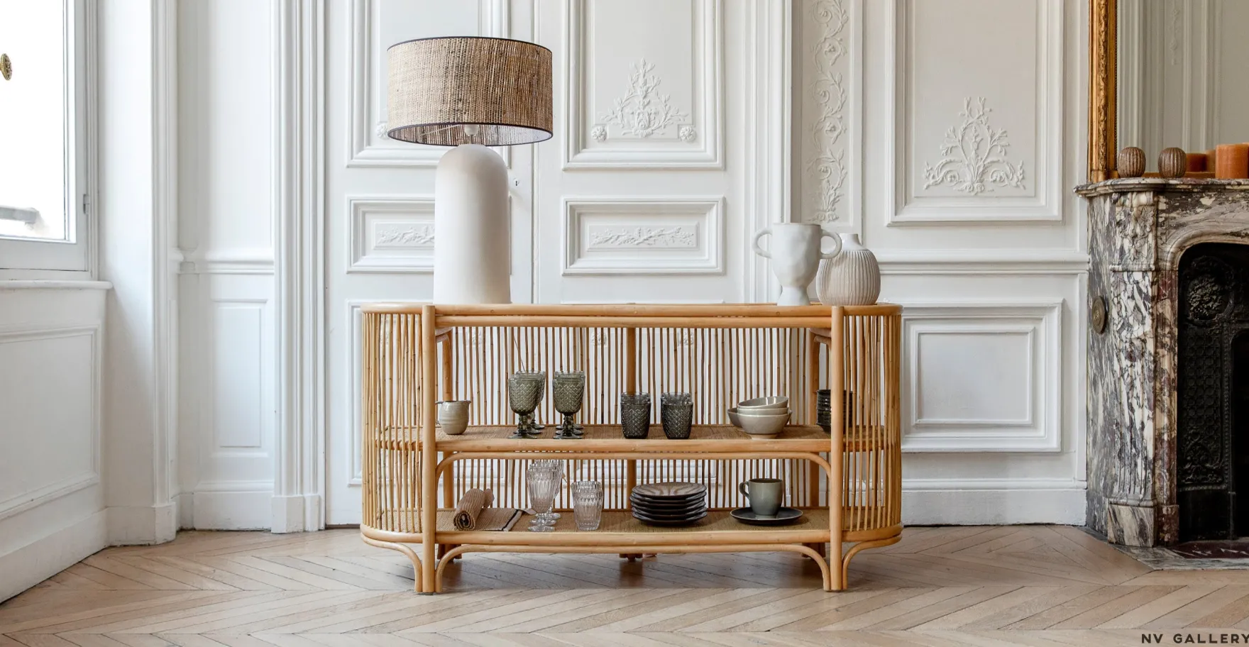 Lampe de table, Abat-jour fibre naturelle & céramique blanche, H72 Agape