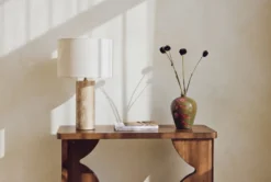 Lampe de table, Abat-jour lin & travertin naturel, H50 Gaia