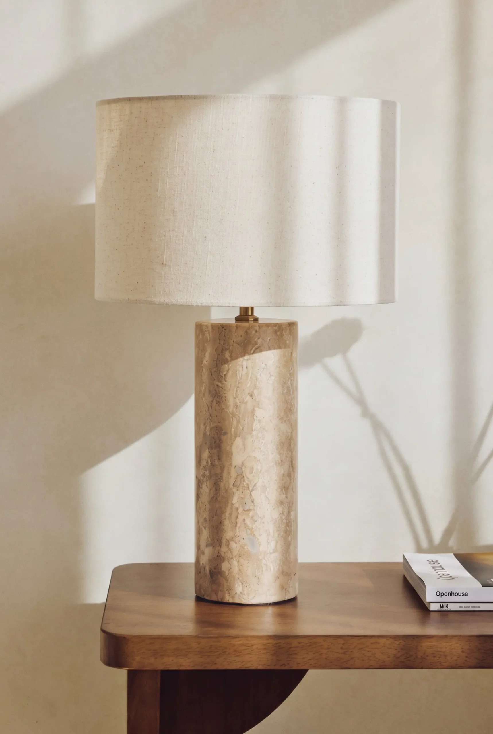 Lampe de table, Abat-jour lin & travertin naturel, H50 Gaia