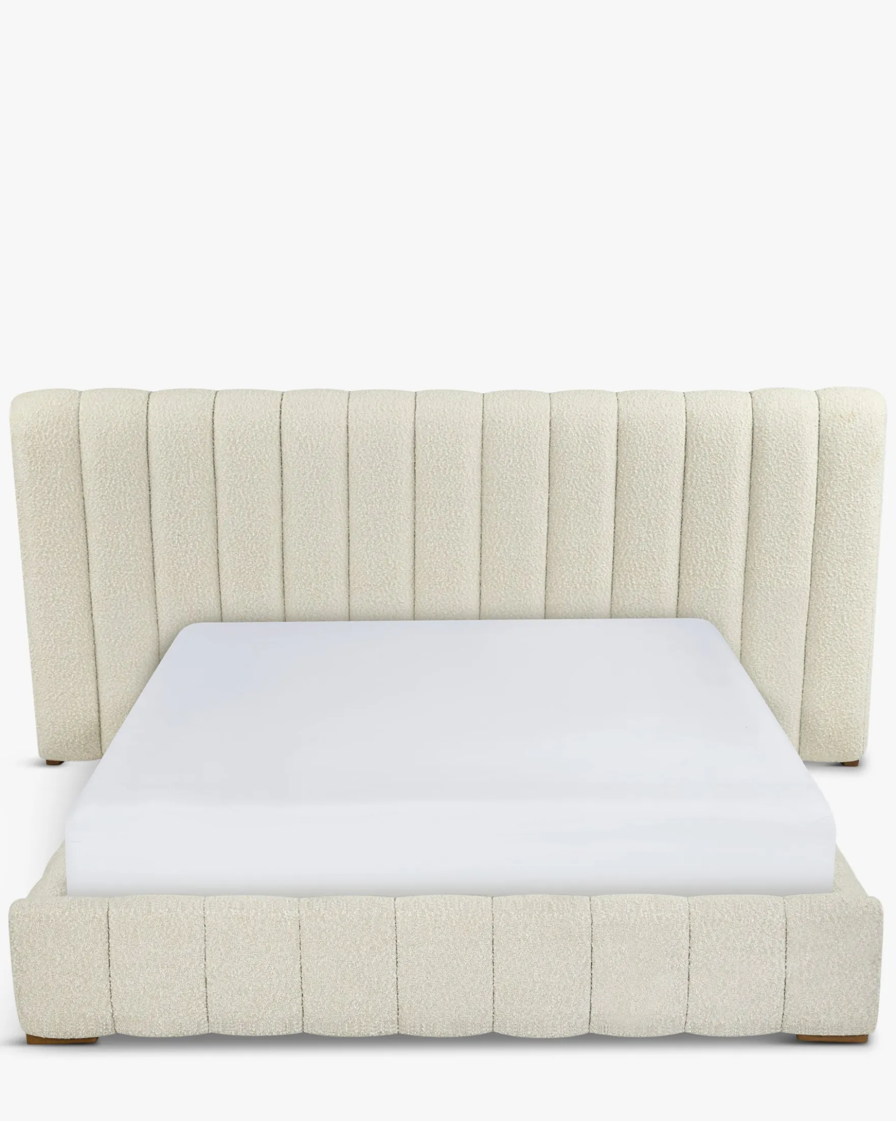 Lit 160x200, Blanc avoine bouclé & bois blond Snowy