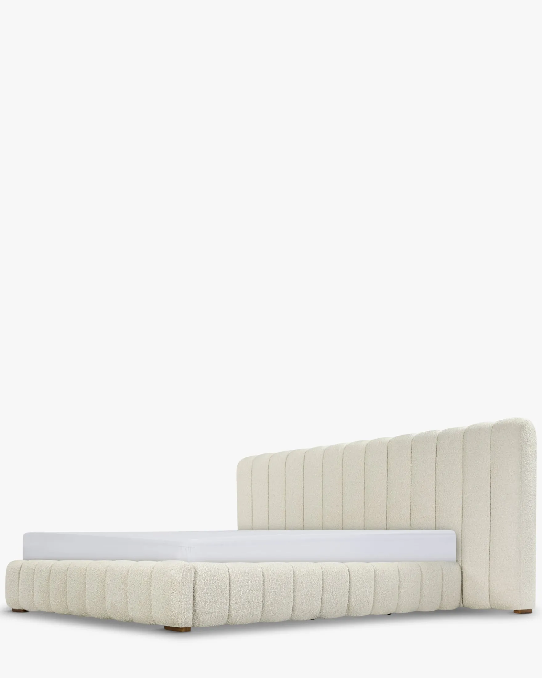 Lit 160x200, Blanc avoine bouclé & bois blond Snowy