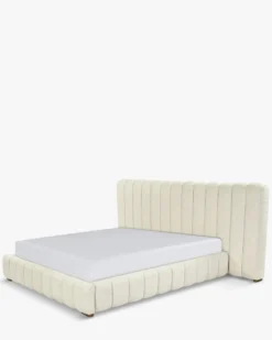 Lit 160x200, Blanc avoine bouclé & bois blond Snowy