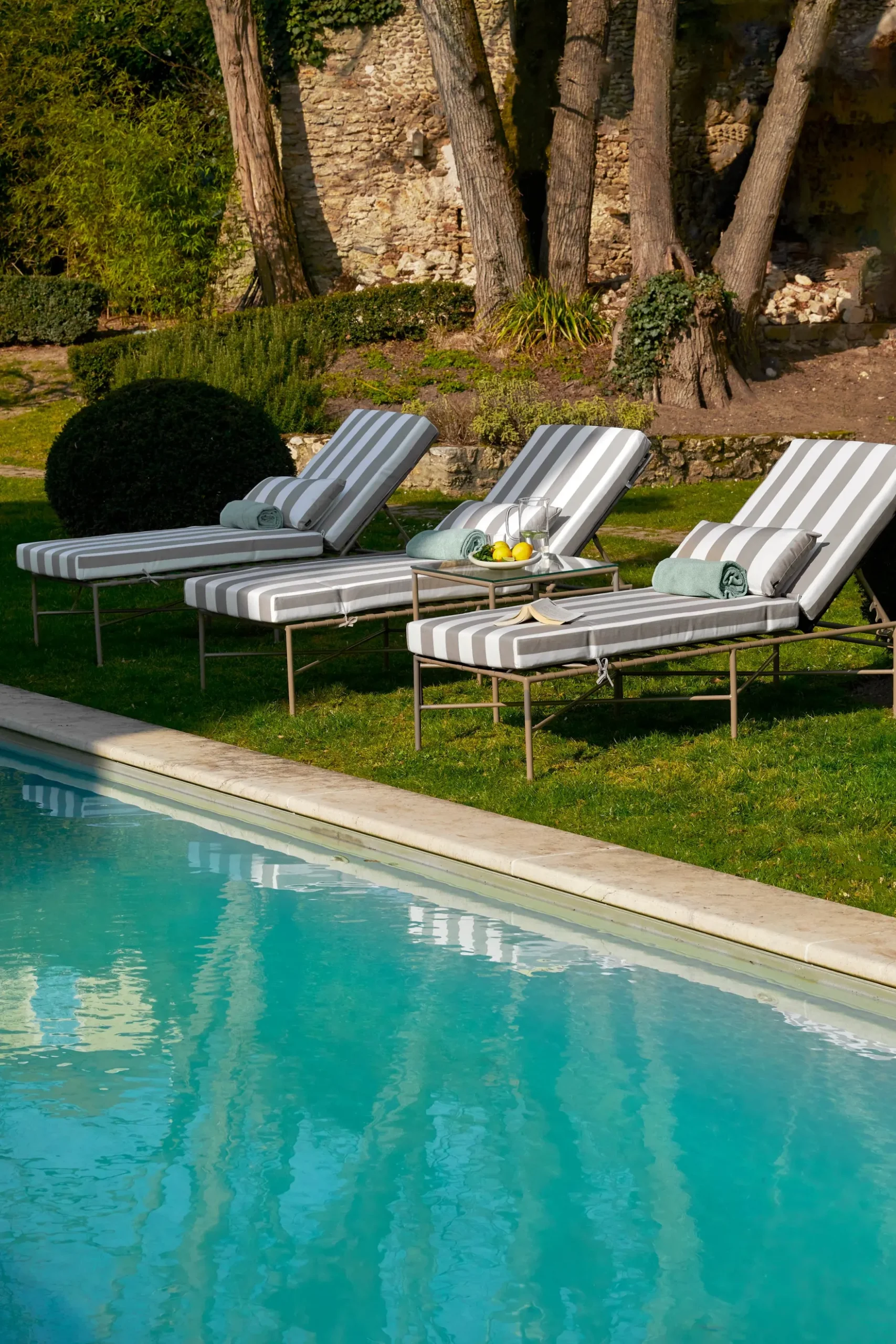 Lot de 4 bains de soleil, Tissu Waterproof Taupe Rayé & Métal taupe, L198 Bel air