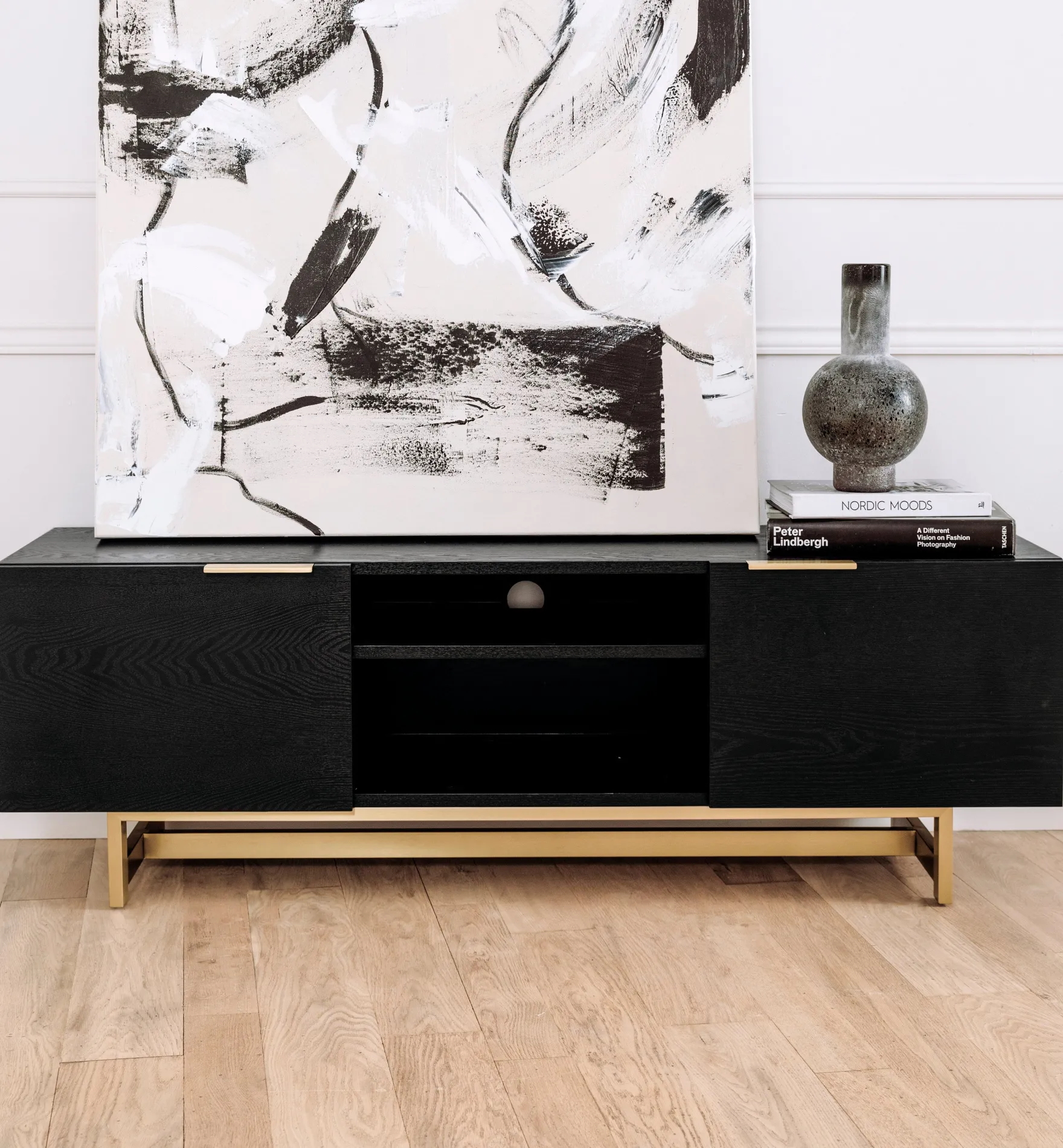 Meuble TV, Bois noir & métal doré, L150 Stark