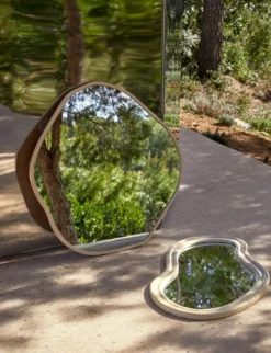 Miroir design organique, Verre & bois beige, Ø80 Auden