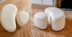 Pouf, Ecru bouclé, H41 Enzo
