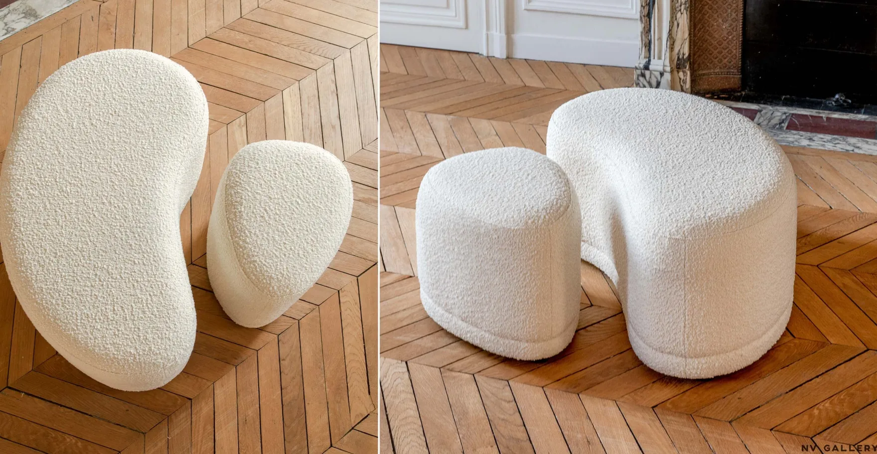 Pouf, Ecru bouclé, H41 Enzo