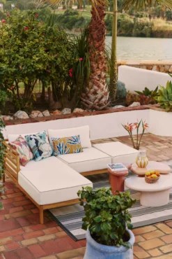 Pouf modulable de jardin, Blanc crème waterproof & bois d'acacia Bayside