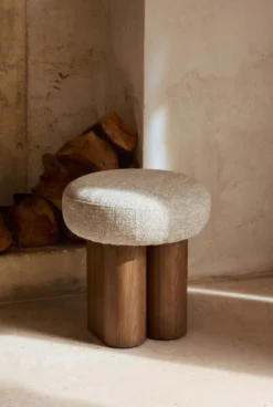 Pouf, Tweed chenillé beige & Frêne massif teinte noyer, H48 Popa