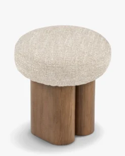 Pouf, Tweed chenillé beige & Frêne massif teinte noyer, H48 Popa