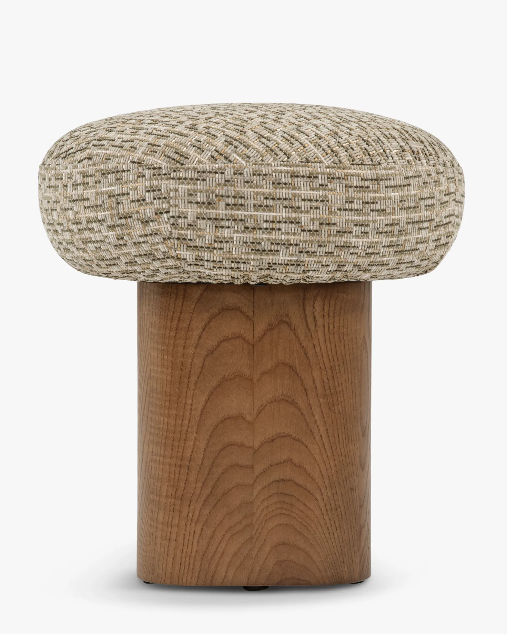 Pouf, Tweed vert sauge doré & Frêne massif teinte noyer, H48 Popa