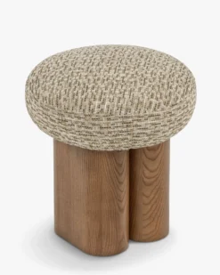 Pouf, Tweed vert sauge doré & Frêne massif teinte noyer, H48 Popa