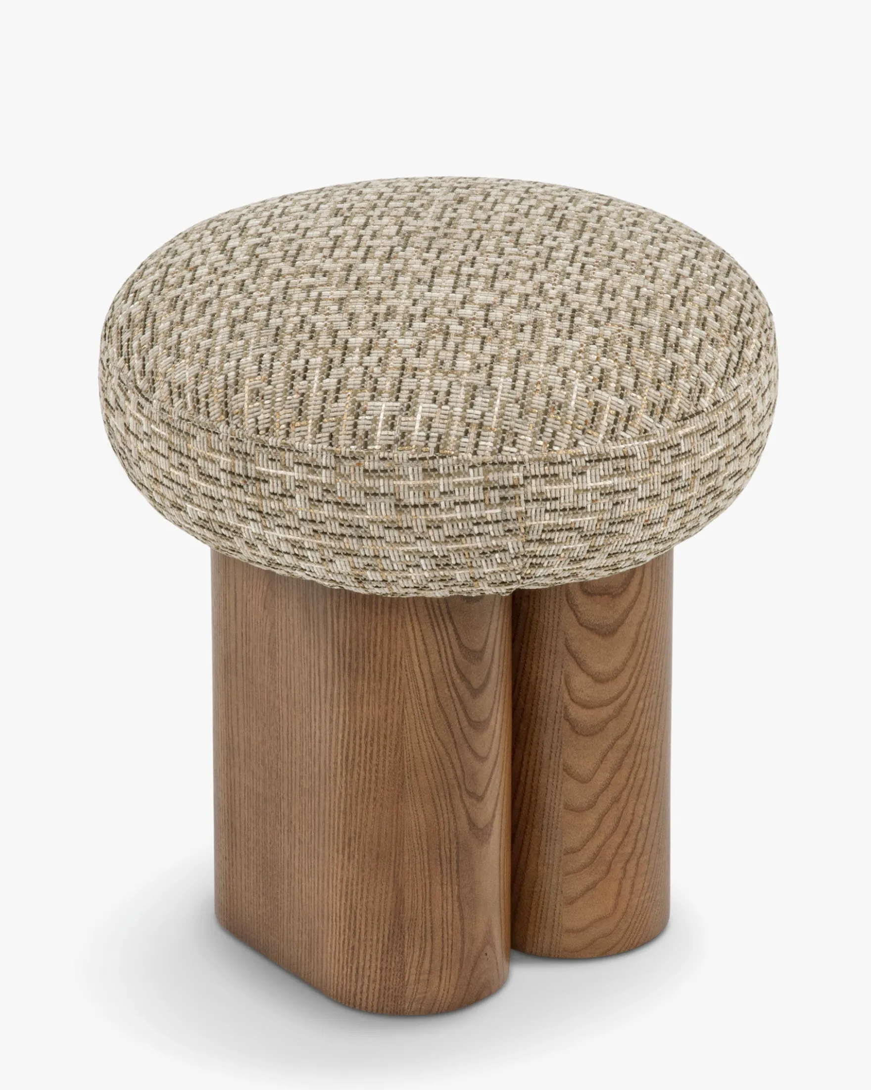 Pouf, Tweed vert sauge doré & Frêne massif teinte noyer, H48 Popa