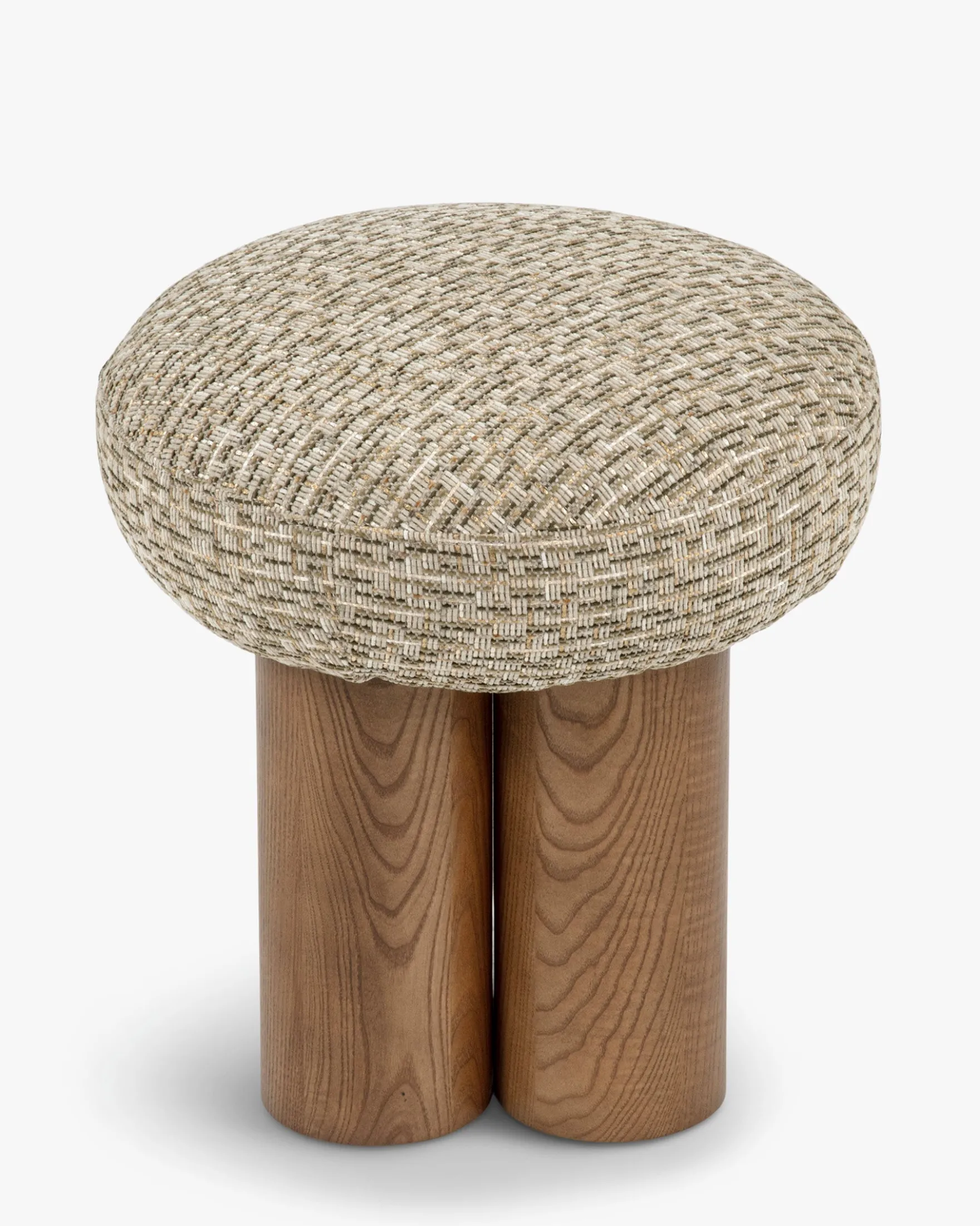 Pouf, Tweed vert sauge doré & Frêne massif teinte noyer, H48 Popa