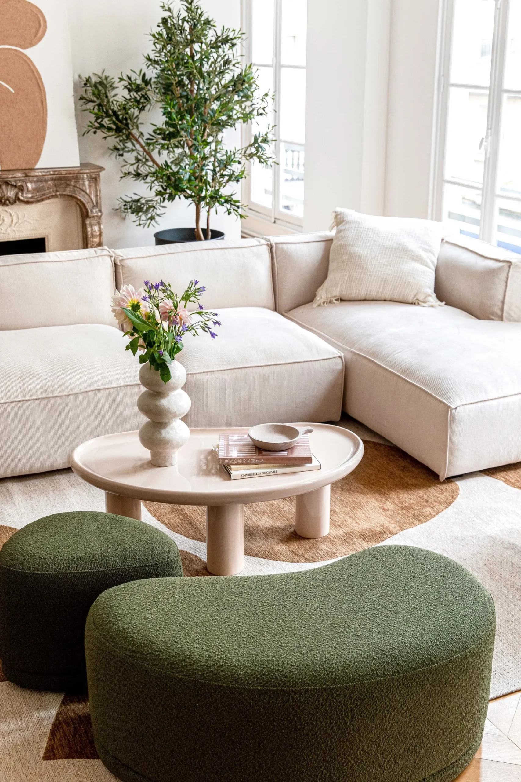 Pouf, Vert kaki bouclé, H41 Enzo