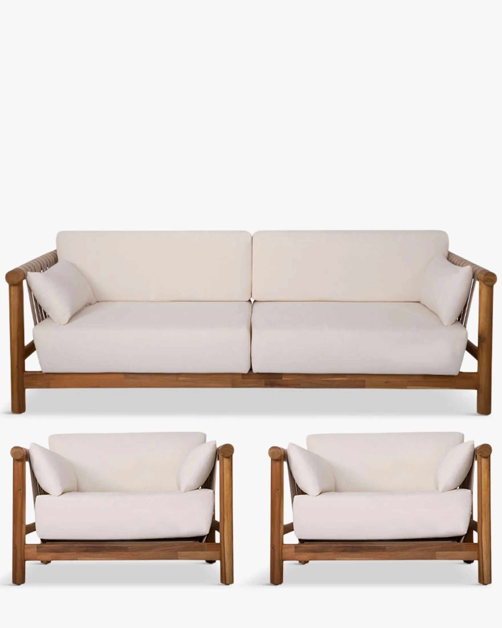 Salon de jardin, Canapé de jardin 3 places + 2 Fauteuils, Blanc Écru & Bois d'Acacia Bexley
