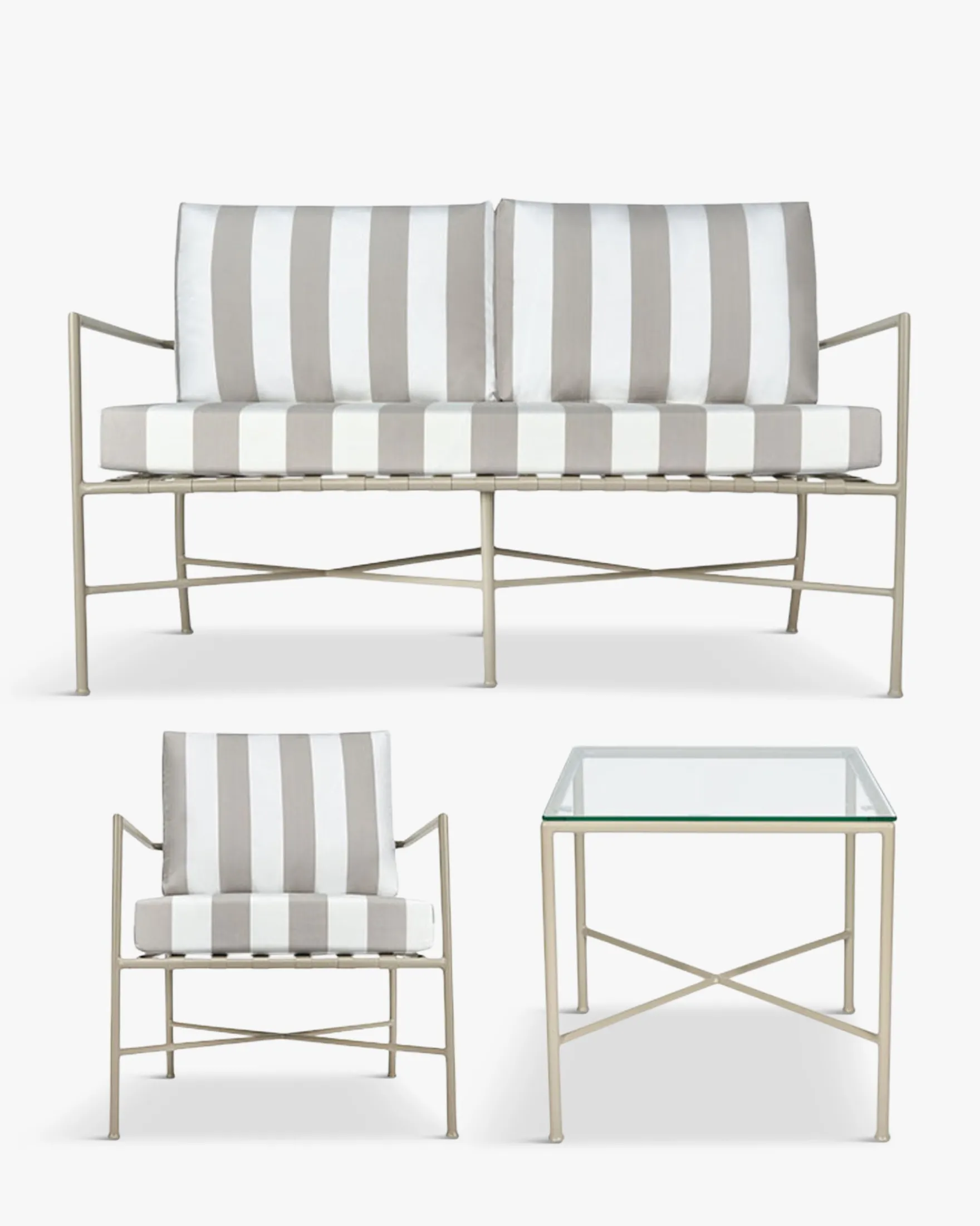 Salon de jardin, Canapé + Fauteuil + Table, Taupe Rayé & Métal taupe Bel air