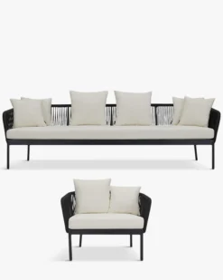 Salon de jardin, Canapé 3 places + Fauteuil, Blanc écru, Cordage & Métal noir Santa Monica