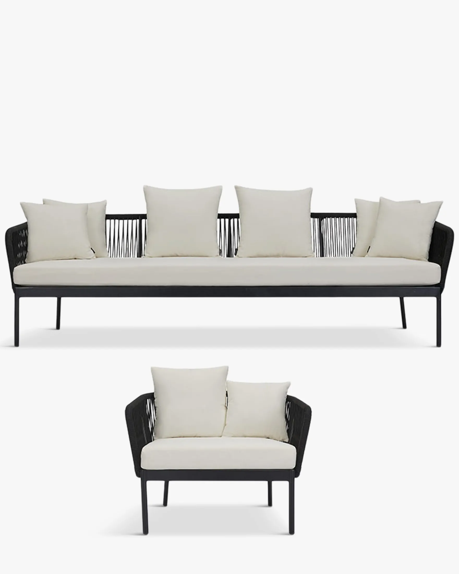 Salon de jardin, Canapé 3 places + Fauteuil, Blanc écru, Cordage & Métal noir Santa Monica