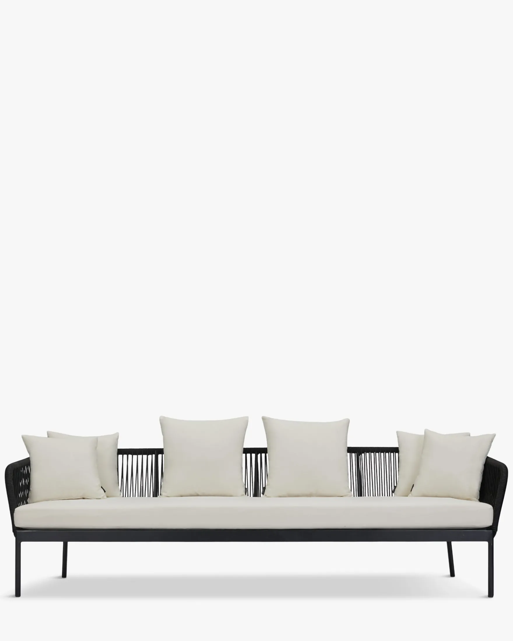 Salon de jardin, Canapé 3 places + 2 Fauteuils, Blanc écru, Cordage & Métal noir Santa Monica