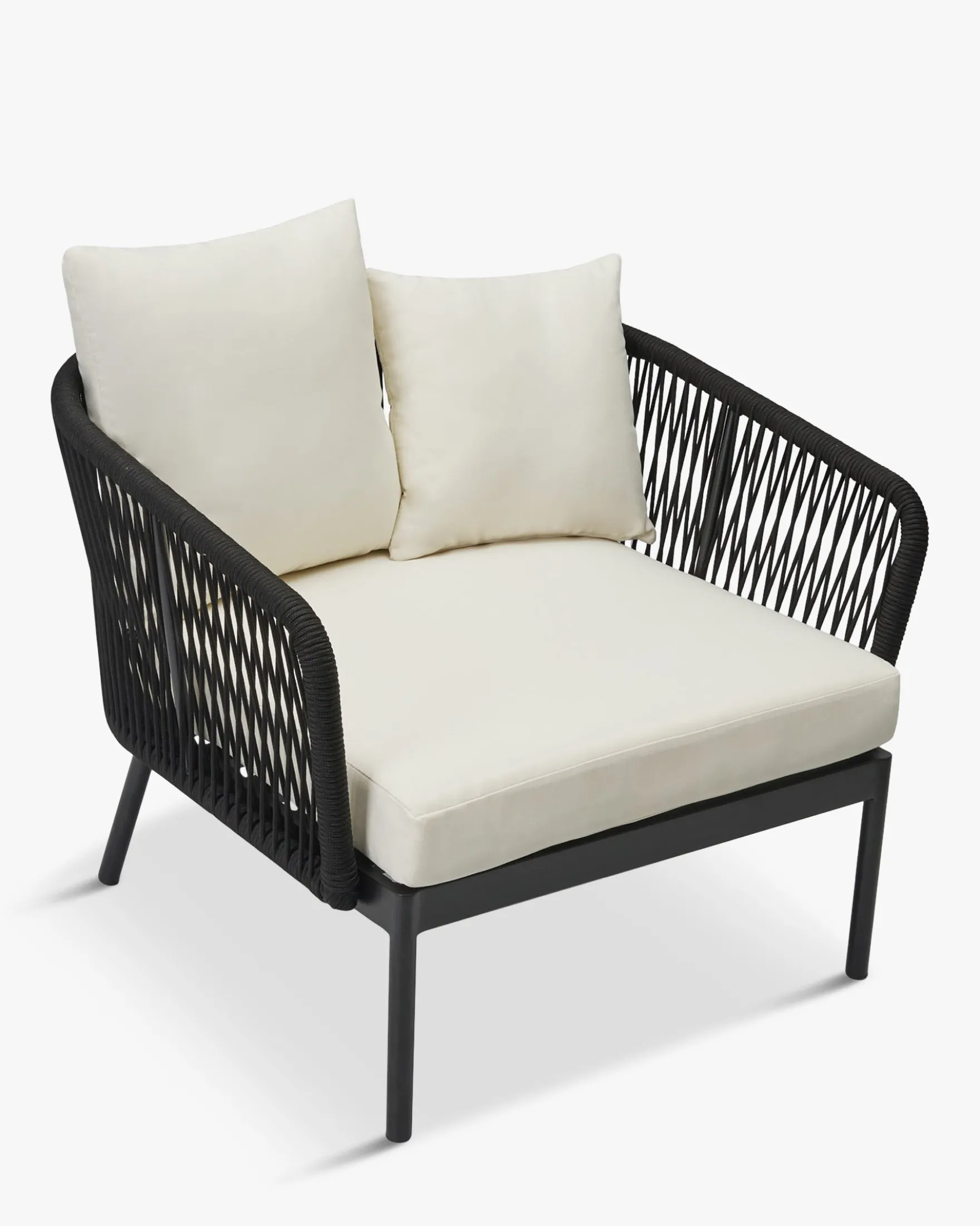 Salon de jardin, Canapé 3 places + 2 Fauteuils, Blanc écru, Cordage & Métal noir Santa Monica