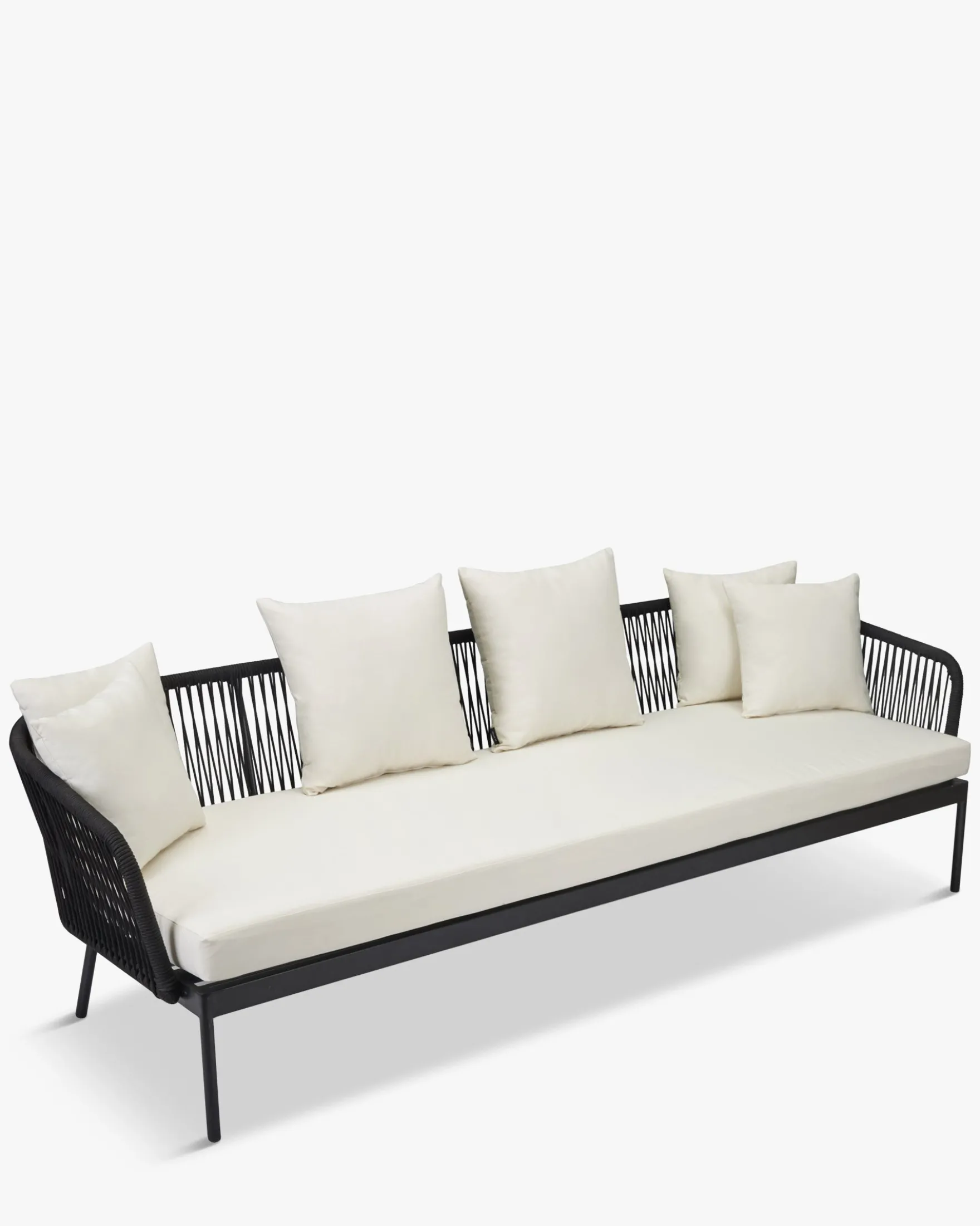 Salon de jardin, Canapé 3 places + 2 Fauteuils, Blanc écru, Cordage & Métal noir Santa Monica