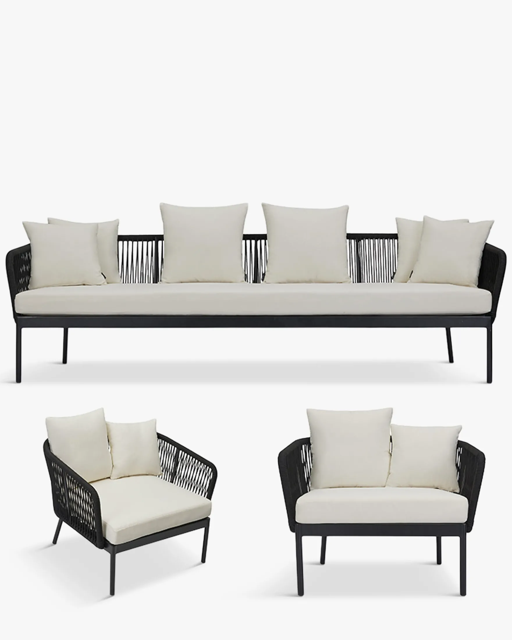 Salon de jardin, Canapé 3 places + 2 Fauteuils, Blanc écru, Cordage & Métal noir Santa Monica