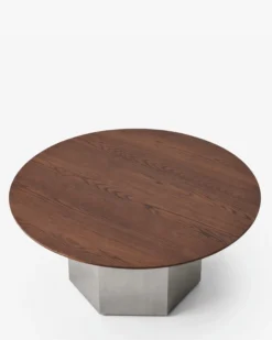 Table basse, Bois de frêne teinte noyer & Acier inoxydable, Ø90 Hexa
