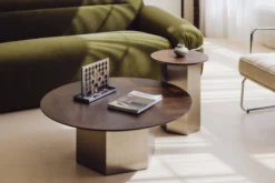Table basse, Bois de frêne teinte noyer & Acier inoxydable, Ø90 Hexa