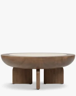 Table basse, Frêne massif teinté noyer & Travertin waterproof, Ø95 Saturne