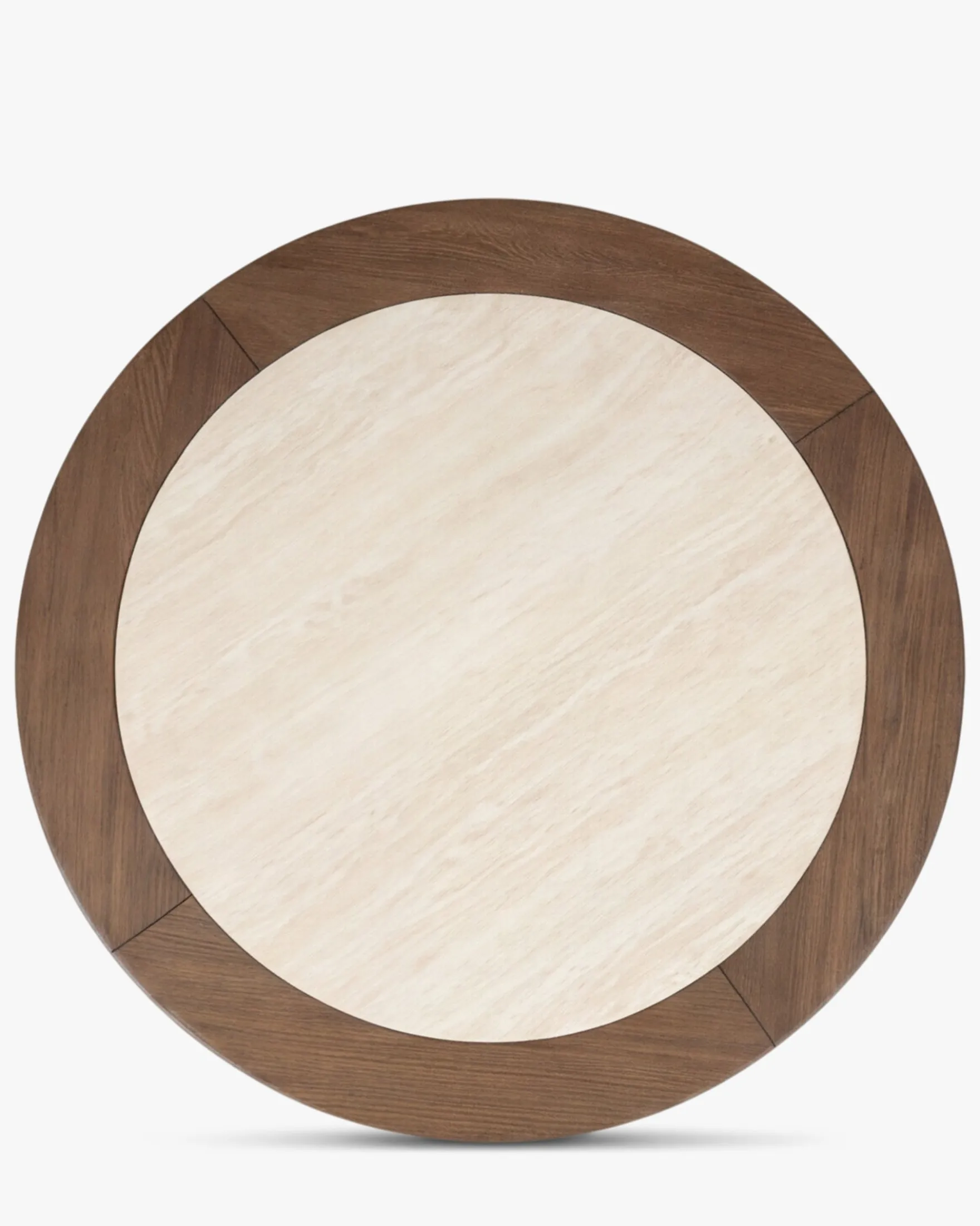 Table basse, Frêne massif teinté noyer & Travertin waterproof, Ø95 Saturne