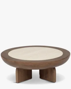 Table basse, Frêne massif teinté noyer & Travertin waterproof, Ø95 Saturne
