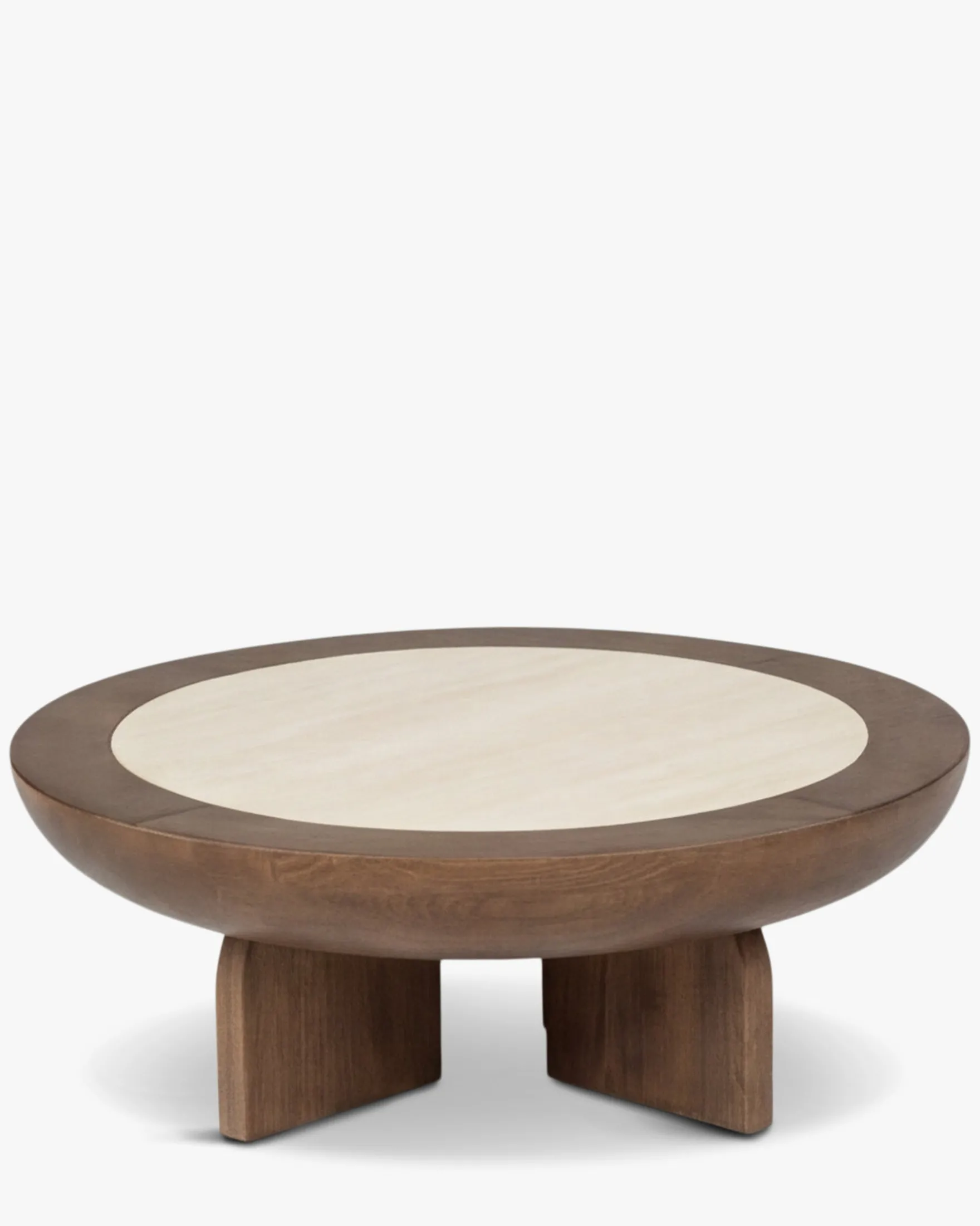 Table basse, Frêne massif teinté noyer & Travertin waterproof, Ø95 Saturne