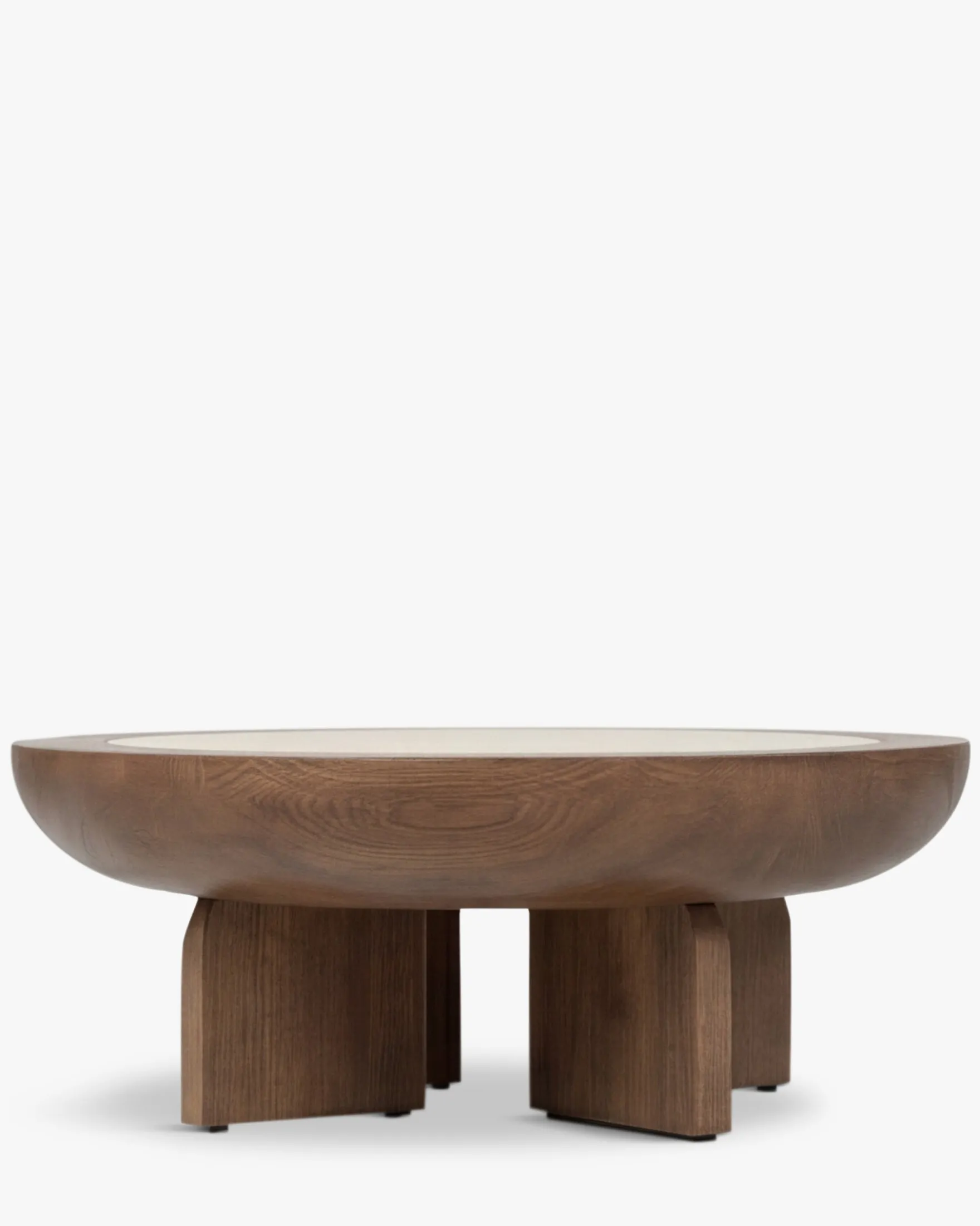 Table basse, Frêne massif teinté noyer & Travertin waterproof, Ø95 Saturne