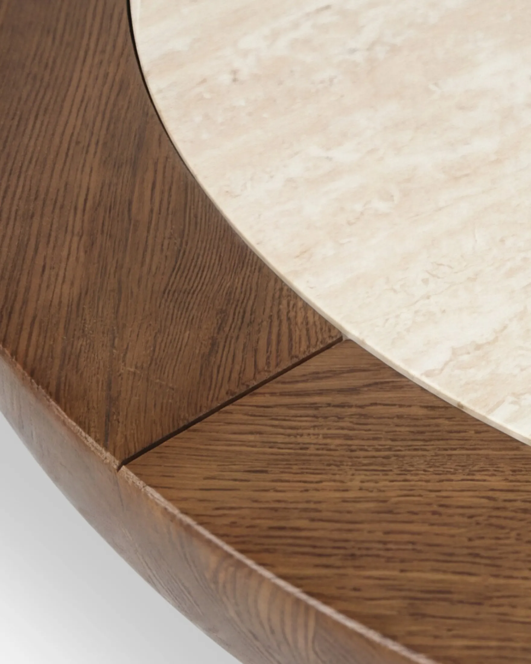 Table basse, Frêne massif teinté noyer & Travertin waterproof, Ø95 Saturne