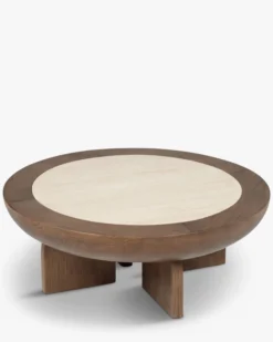 Table basse, Frêne massif teinté noyer & Travertin waterproof, Ø95 Saturne
