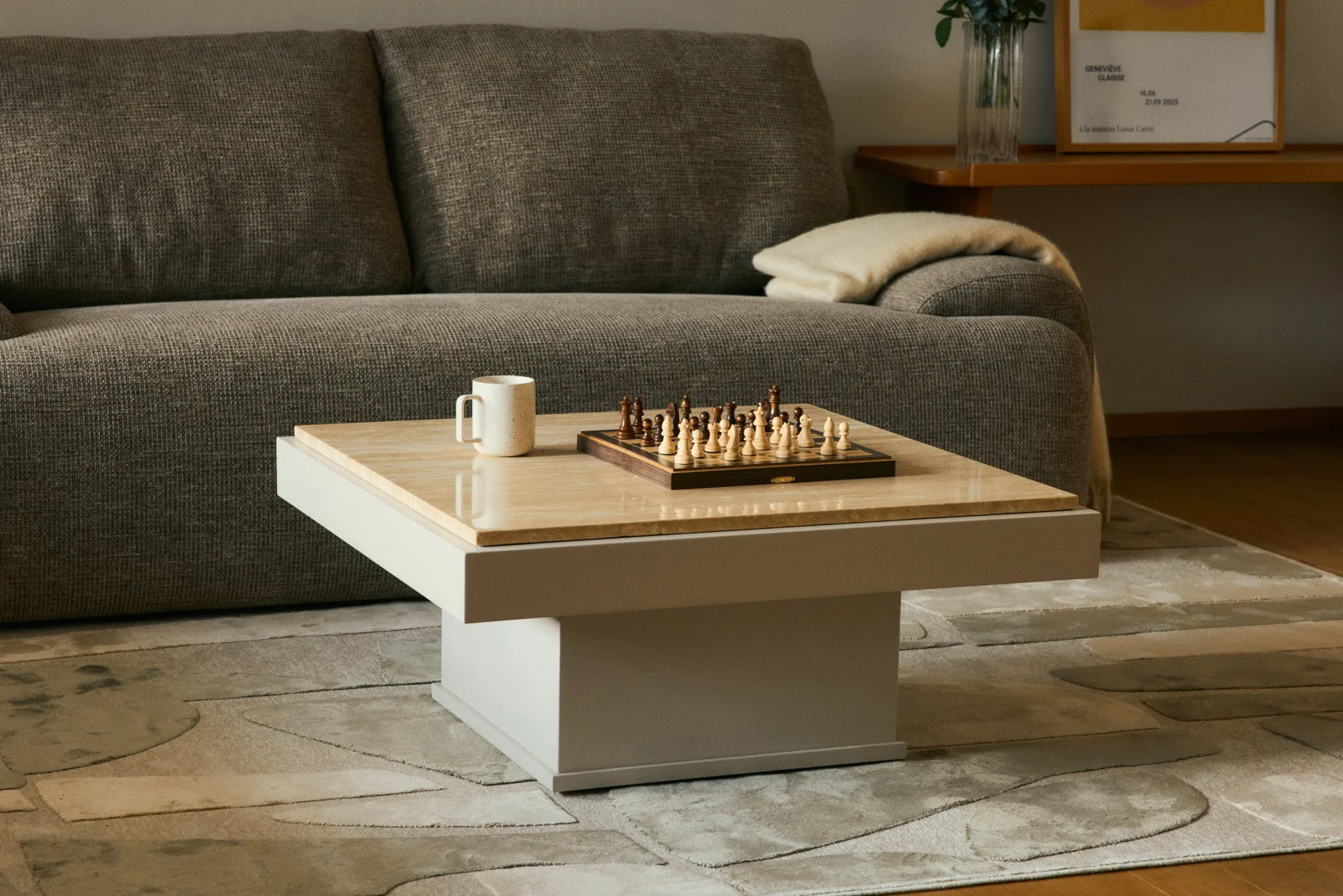 Table basse, Travertin & bois beige, L80 Oron