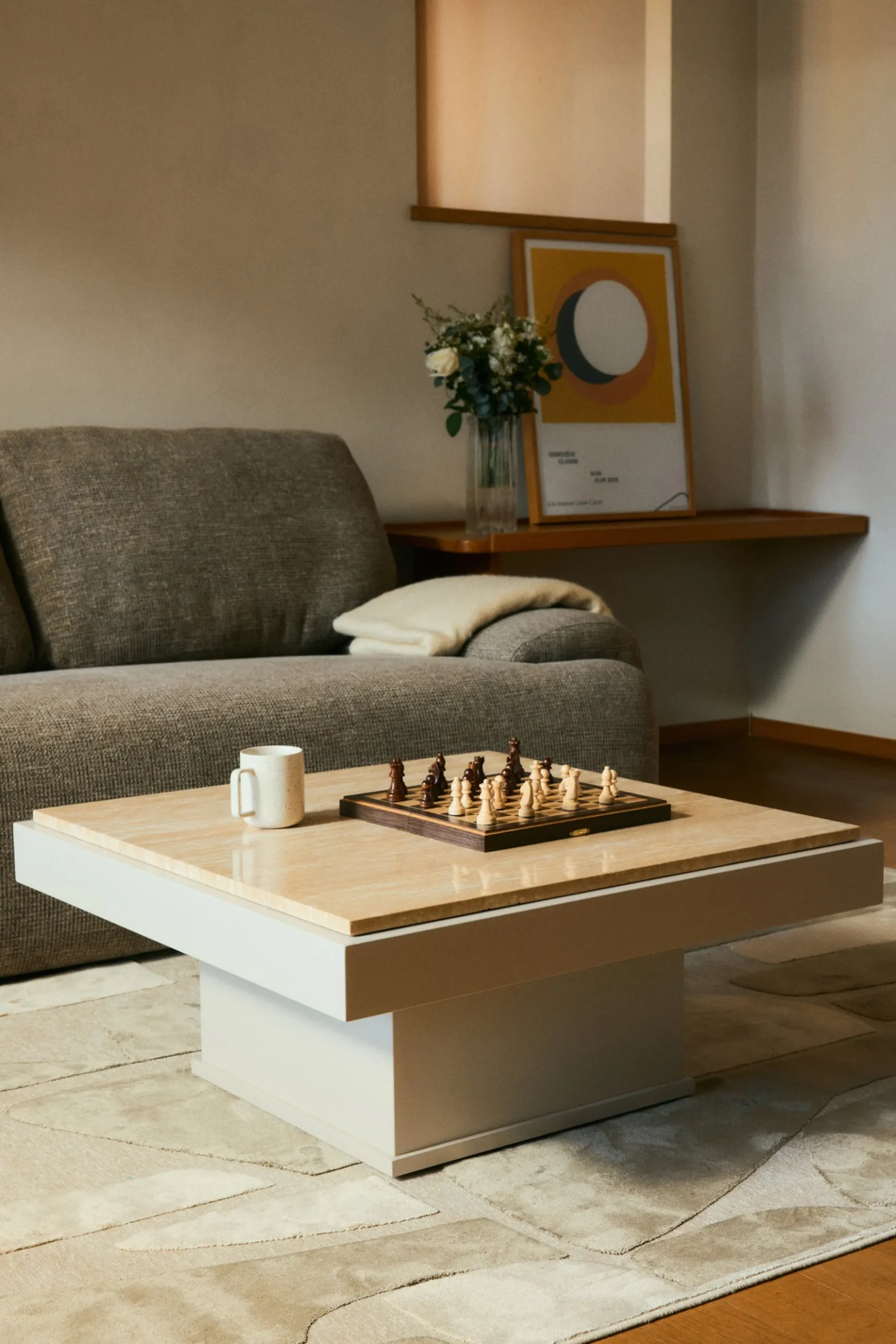 Table basse, Travertin & bois beige, L80 Oron