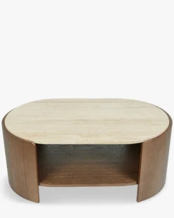 Table basse, Travertin waterproof & bois de frêne teinte noyer, L100 Elipse